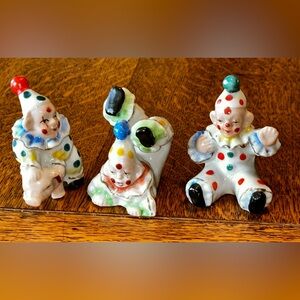 Vintage Clown Figurines Porcelain Japan Polka Dot Circus Clowns Set of 3